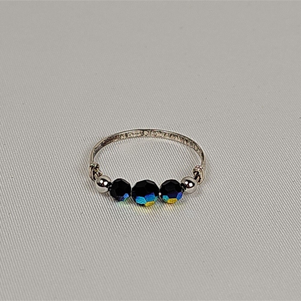 Sterling Silver Black Crystal Beaded Artisan Ring Size 7.5